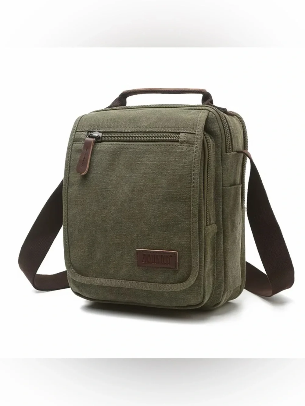 Men's Olive Canvas Messenger Crossbody Bag with Adjustable Strap